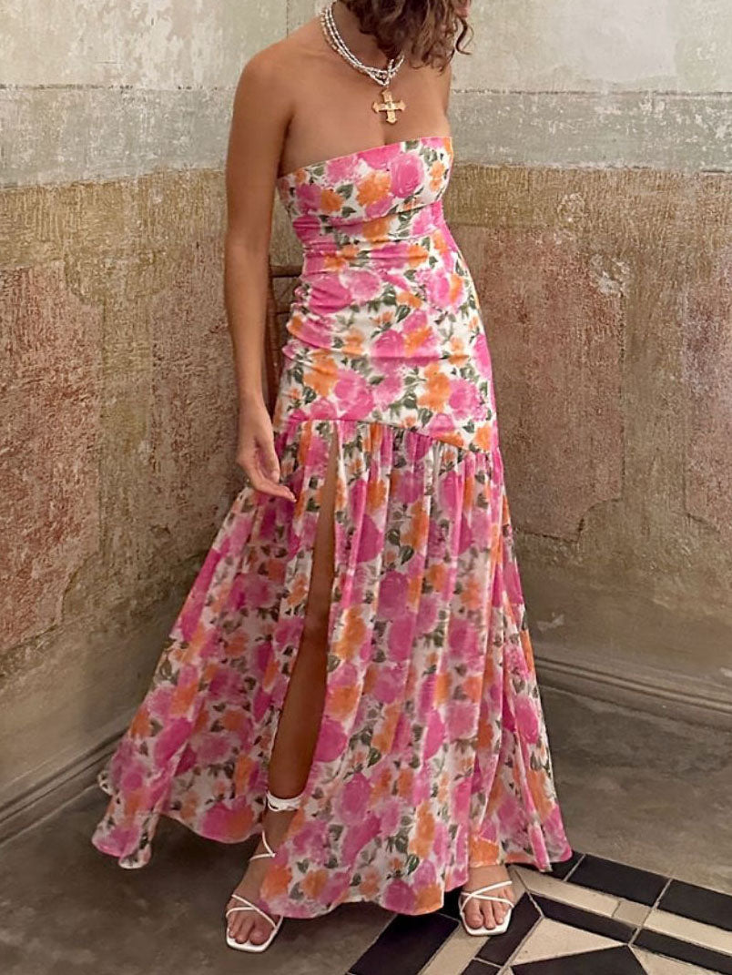 Romantic Strapless Floral Slit Maxi Dress Pink