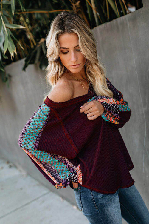 Hidden Garden Boho Chiffon Sleeve Blouse Wine Red