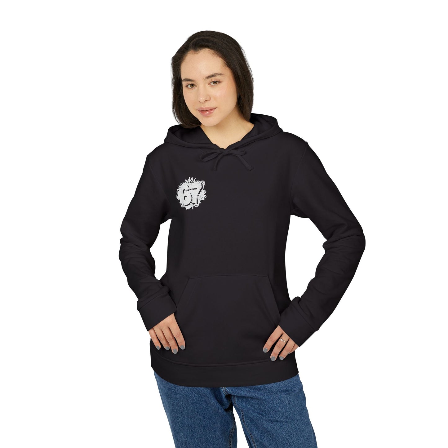Adidas "67" Black Hoodie — Minimal White Fleece Pullover with Subtle Chest Emblem