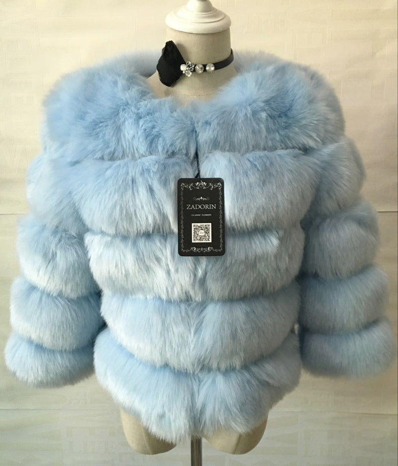 Fur in Faux Fur Coat Women Short Long Sleeve Fur Artificial Fur Coat skyblue