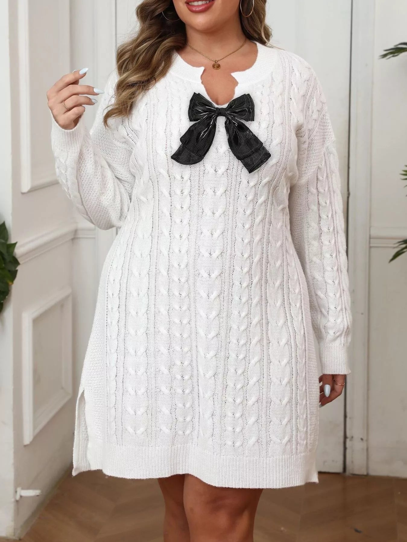 Plus Size Sweater Dress - Cable Knit with Contrast Bow Detail