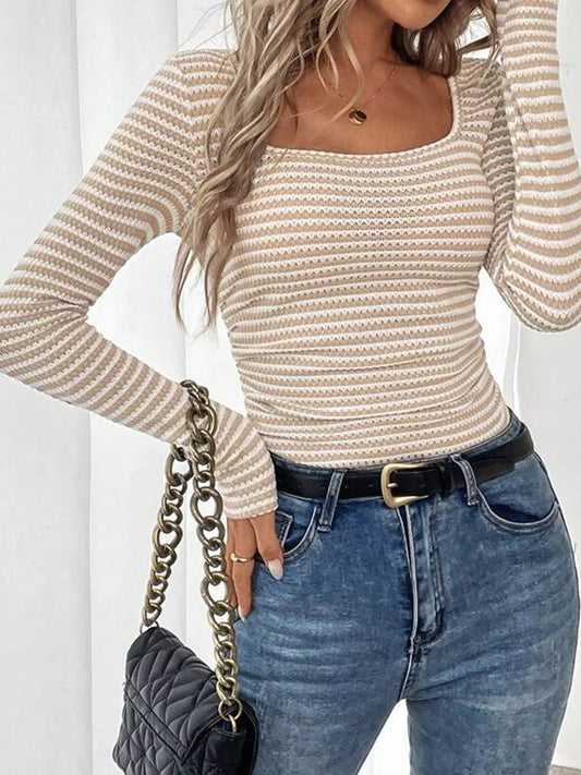 Striped Square Neck Long Sleeve T-Shirt