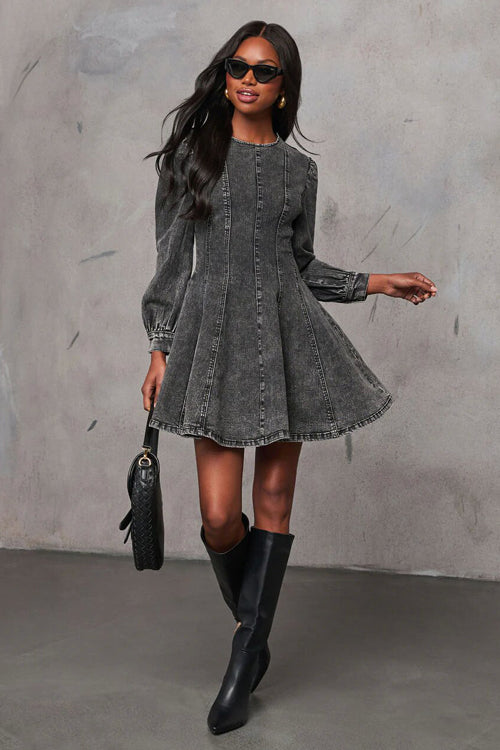 Sweet Looking Flare Denim Mini Dress - 2 Colors Black