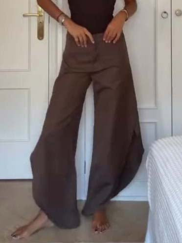 Oblique Collar Off-shoulder bodysuits And Side Slits Wide Leg Pants Suit- Pants Brown