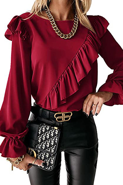 Elegant Image Ruffled Long Sleeve Top - 6 Colors Wine