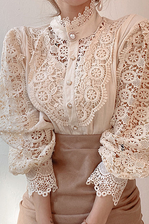 Feel It Still Lace Button Up Top - 3 Colors Beige
