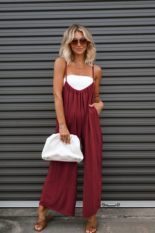Have A Little Fun Pocketed Tie Jumpsuit Red
