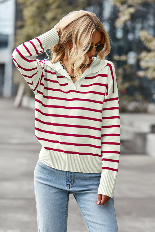 Give You Joy Striped Long Sleeve Knit Sweater - 4 Colors Red