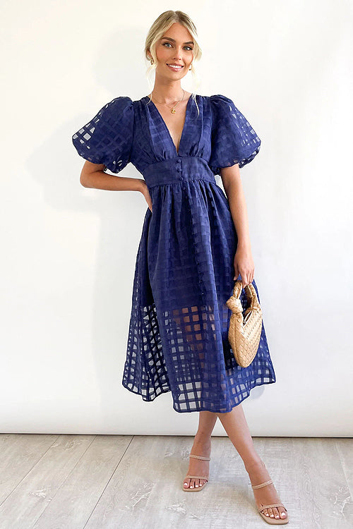 Garden Of Romance Puff Sleeve Midi Dress - 9 Colors Navy Blue