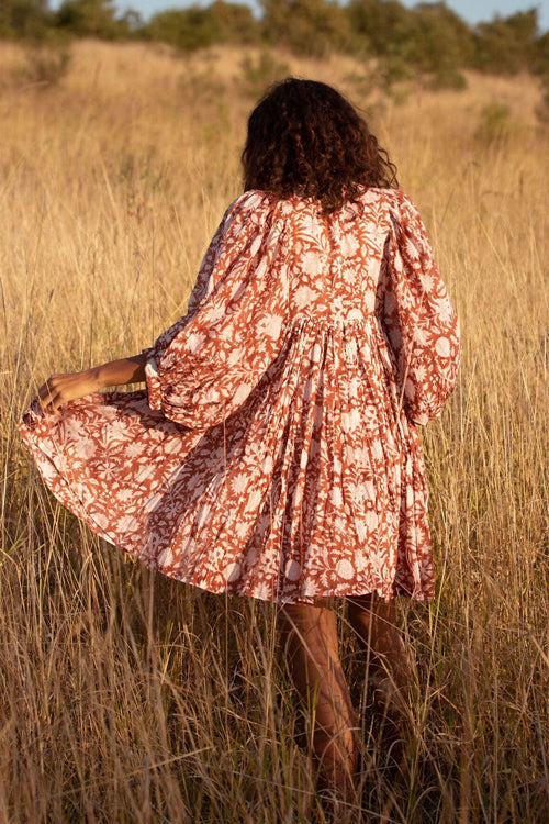 Take Your Joy Printed Babydoll Mini Dress - Yellow Orange