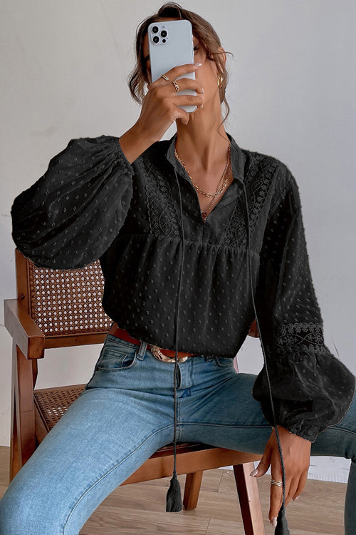 Lovely New Day Lace Swiss Dot Long Sleeve Top - 4 Colors Black