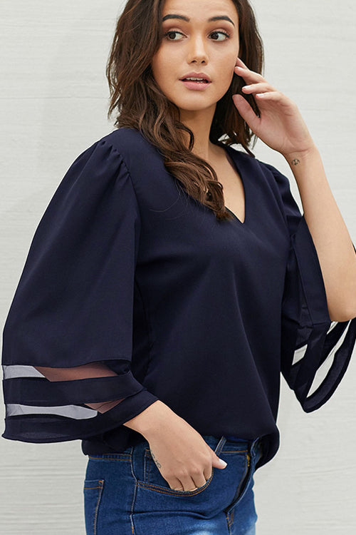 Sweetly Charmed V-Neck Bell Sleeve Top - 5 Colors Navy