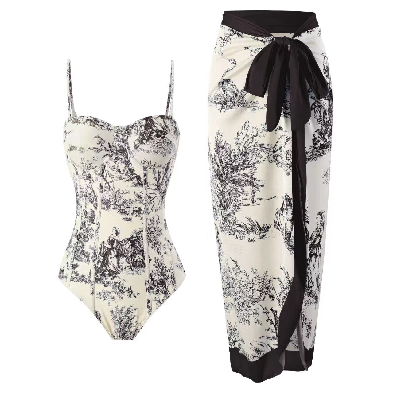 Women Adjustable Shoulder Strip Plant Prints One Piece Swimsuit and Skirt/Sarong(BUY 2 FREE SHIPPING)