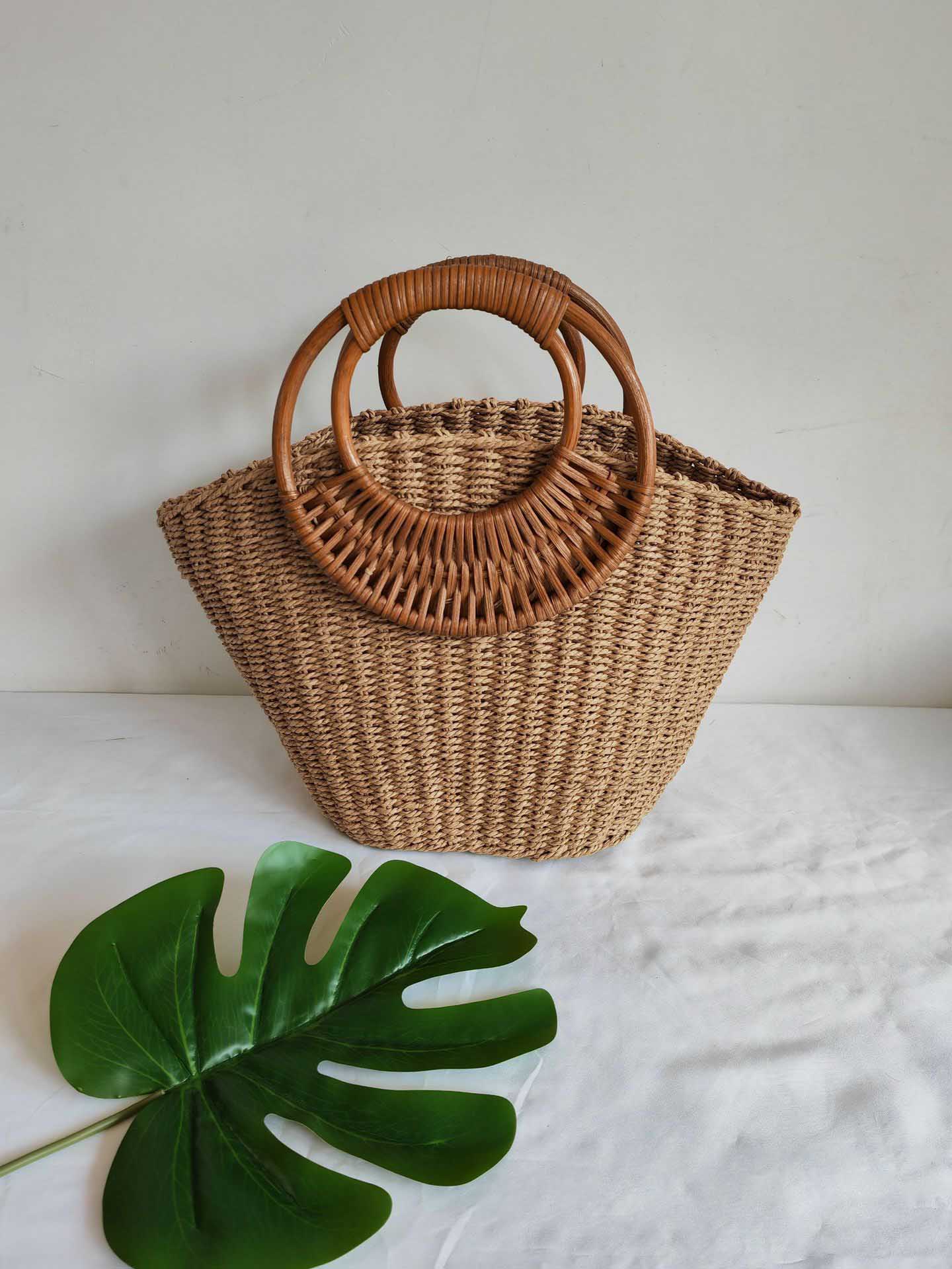 Exquisite Round Rattan Handle Straw Bag Khaki