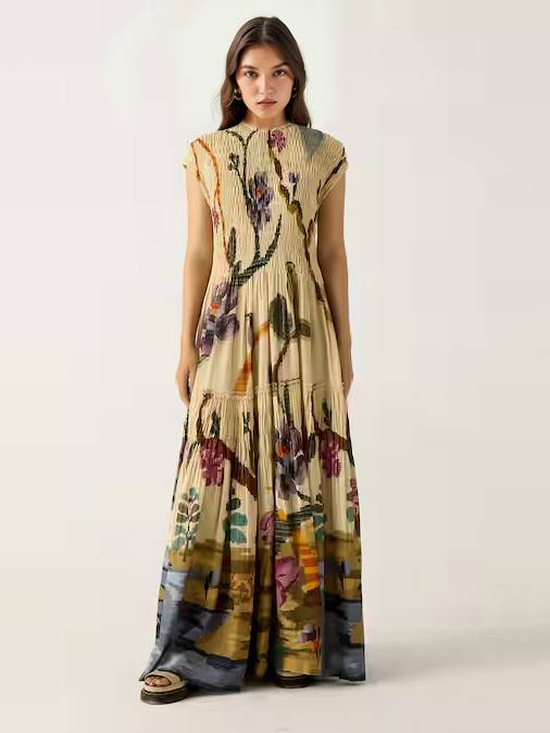 Pleated Print Maxi Dress Printed