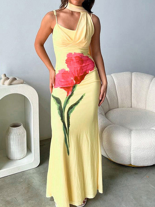 Elegant Painted Flower Print Scarf Ribbon Maxi Dress Yellow
