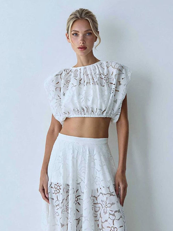Elegant Lace Midi Skirt White Top