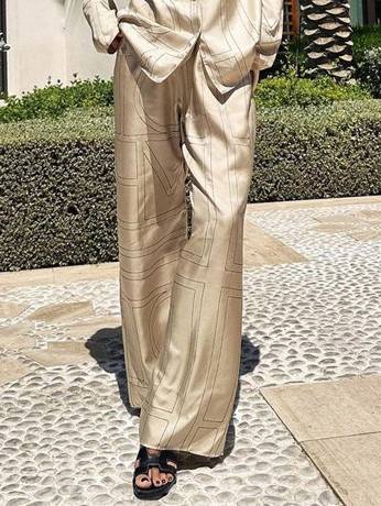 Geometric Letter Print Shirt Wide Leg Suit-Pants Apricot