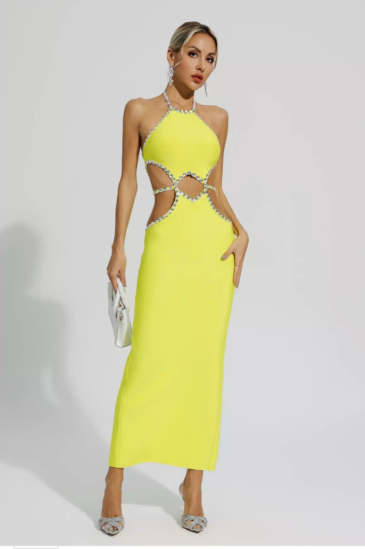 Yellow cutout rhinestone maxi dress
