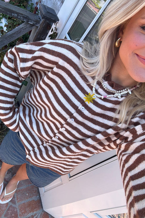 Attractively Cozy Soft Striped Knit Cardigan - Coffee