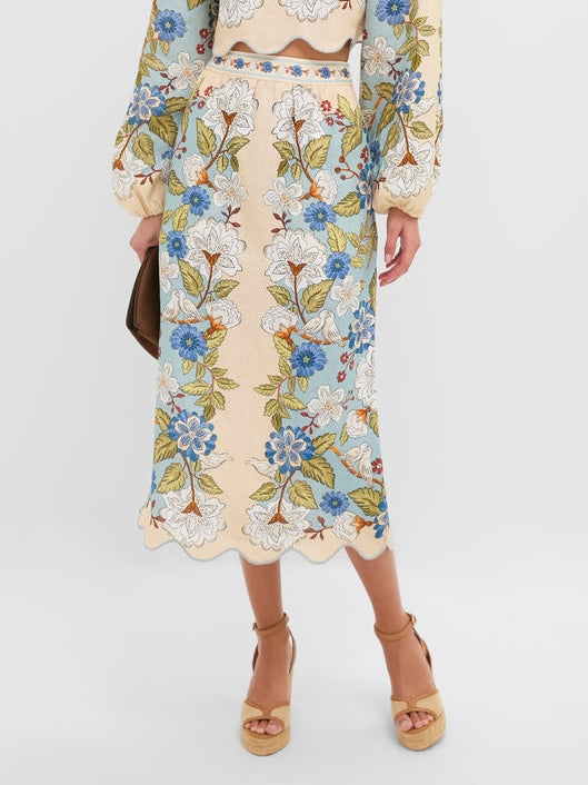 Retro Floral Embroidered Long-Sleeve Crop Top Multi Skirt