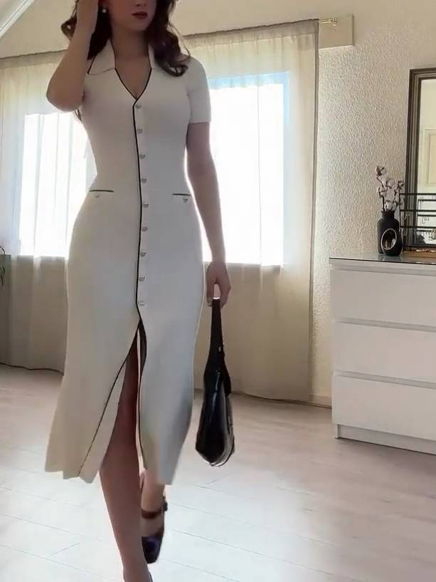Minimalist V-neck Knit Dress White