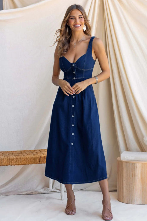 Didi Corset Bodice Denim Midi Dress - 2 Colors
