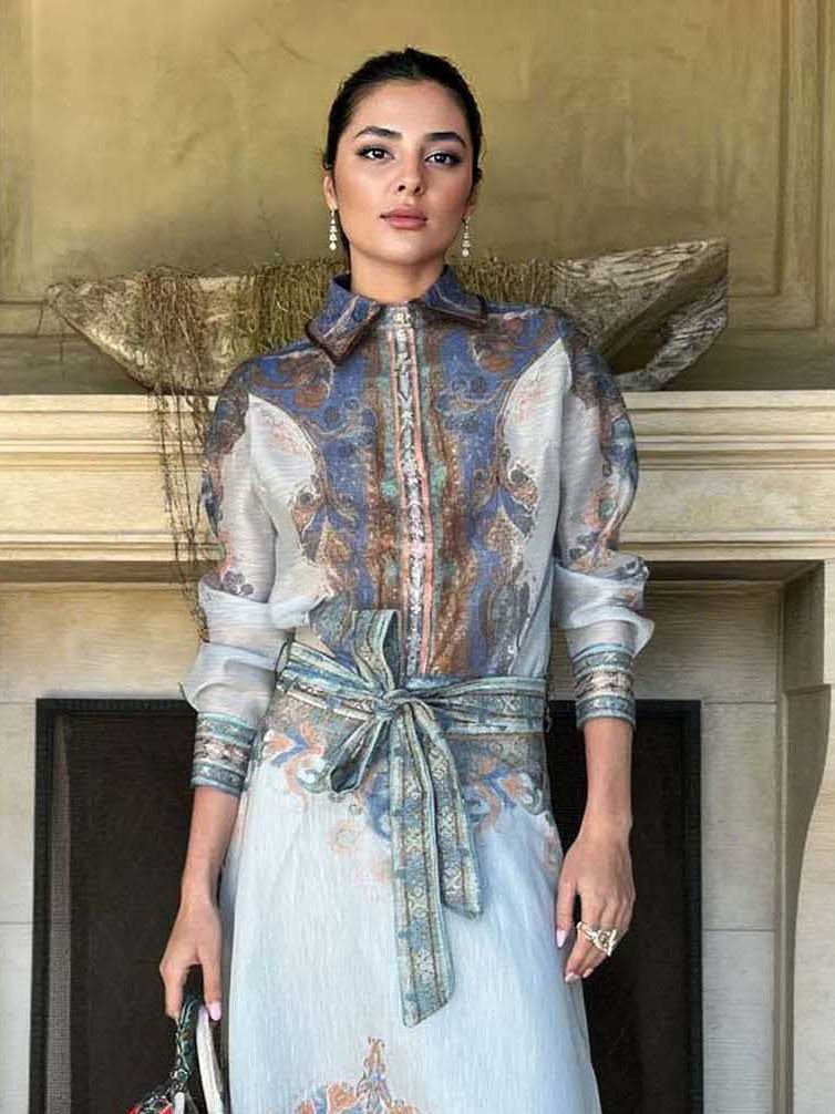 Retro Paisley Pattern Self-Tie Belt Long Skirt Multi Top