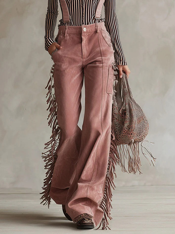 Casual Tassel Overalls Two-piece Set Pink Pants