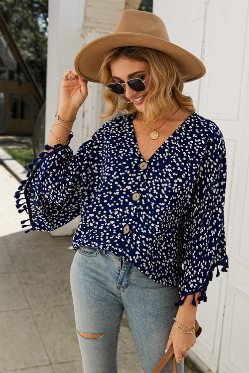 Sunshine Soul Printed Tassel Button-Up Top - 3 Colors Navy