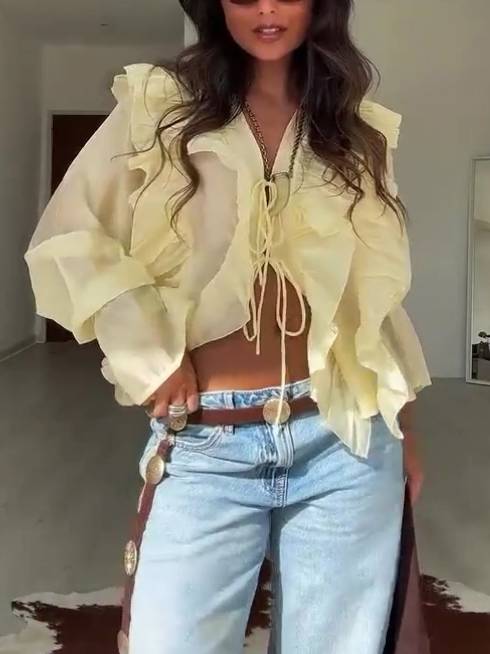 Bohemian Style Ruffled Lace-Up Shirt Light Yellow