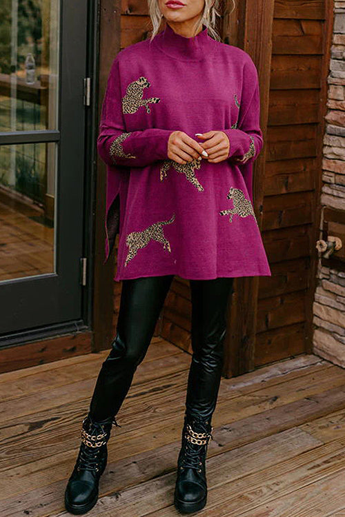 Happy To See You Leopard Knit Sweater - 4 Colors Dark Purple