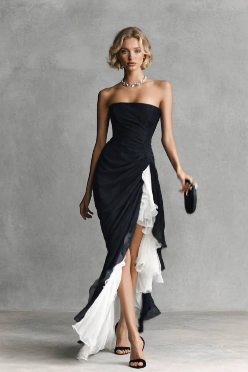 Strapless Slit Ruffled Maxi Dress Black White