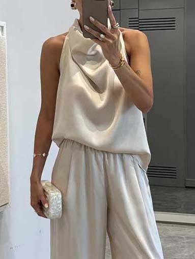 Elegant Halter Neck Swing Collar Top And Wide Leg Pants Suit-Top Apricot