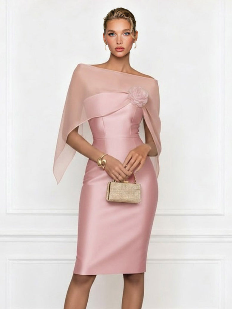 Asymmetrical One-Shoulder Sheer Shawl Satin Midi Dress Pink