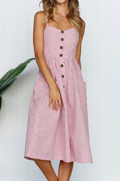 Spaghetti Button-Up Full Midi Dress - 6 Colors Pink