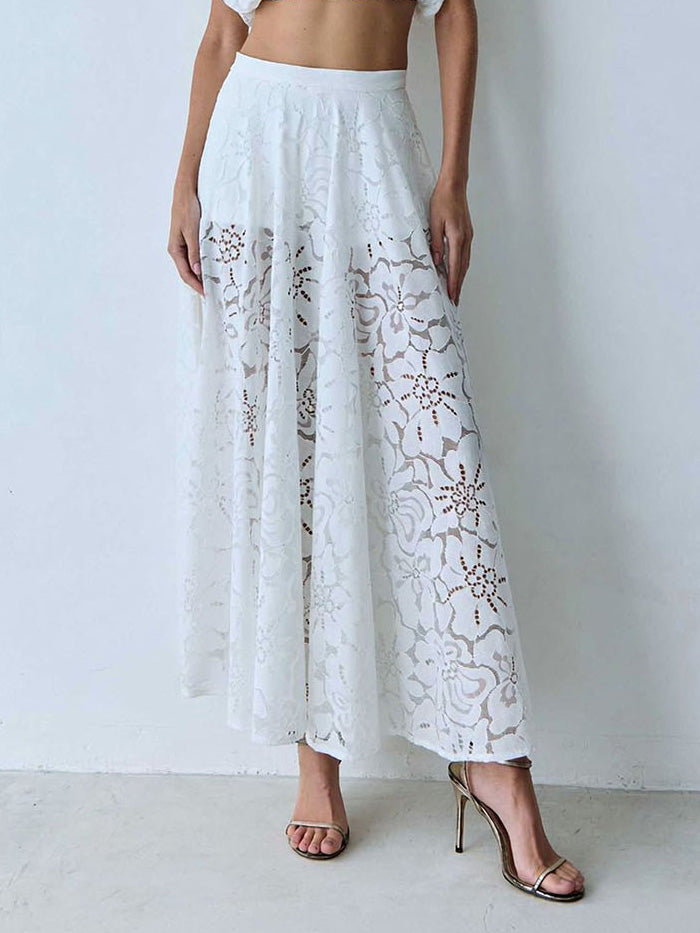 Elegant Lace Midi Skirt White Skirt
