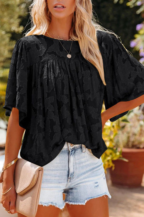 Mind On Sunshine Floral Jacquard Short Sleeve Top - 6 Colors Black