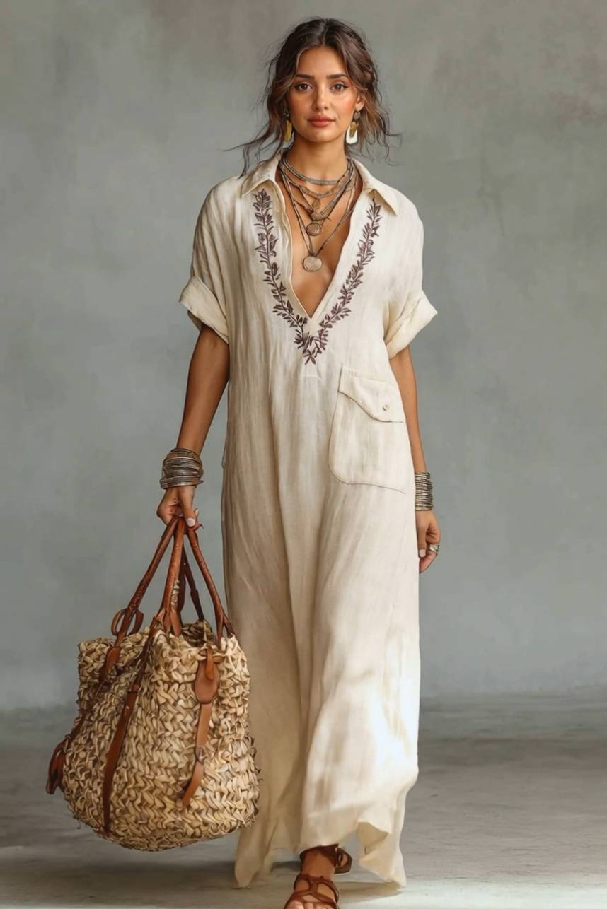 V-Neck Embroidered Maxi Dress