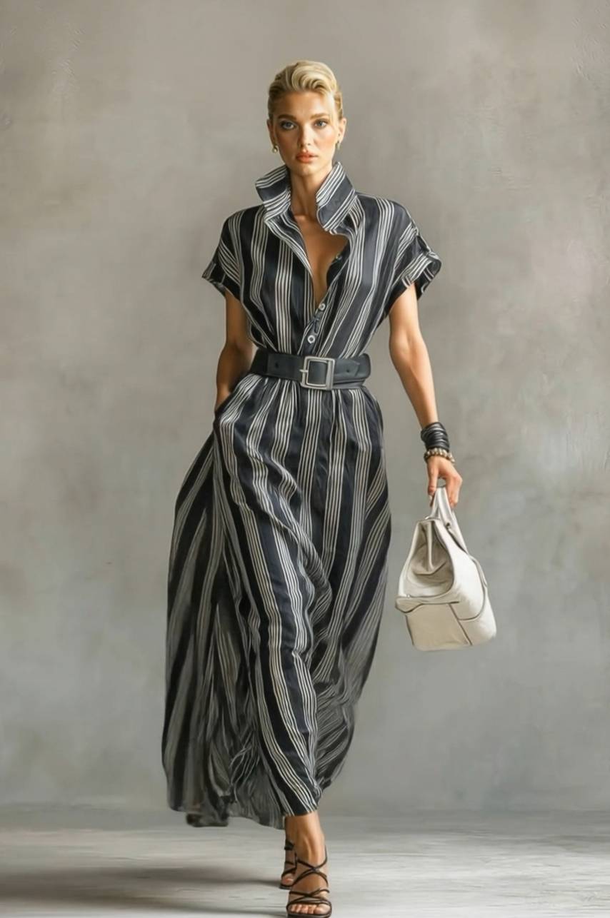 Striped Stand-Collar Blouse Dress Black White