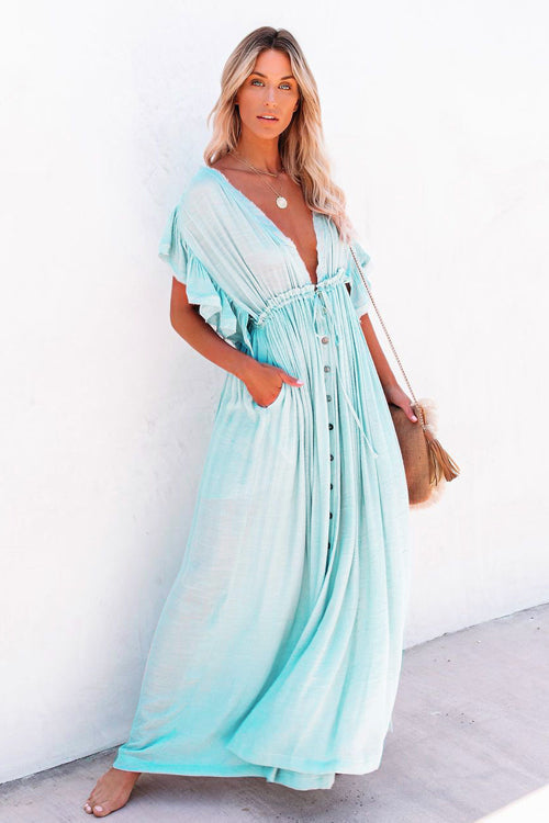 Sunshine And Fun Ruffled Beach Wear Maxi Dress - 8 Colors One Size Light Blue