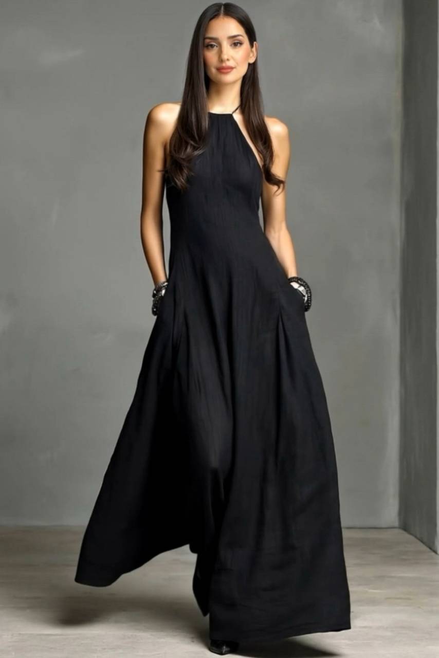 Vacation Style Halter-neck Maxi Dress Black