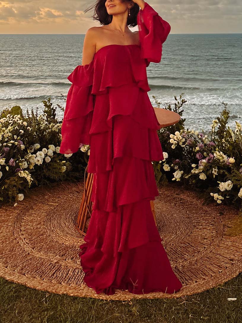 Elegant Off-Shoulder Layered Ruffle Maxi Dress Red