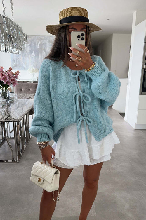 Uniquely Cozy Tie-Front Knit Cardigan Sweater - 4 Colors Light Blue