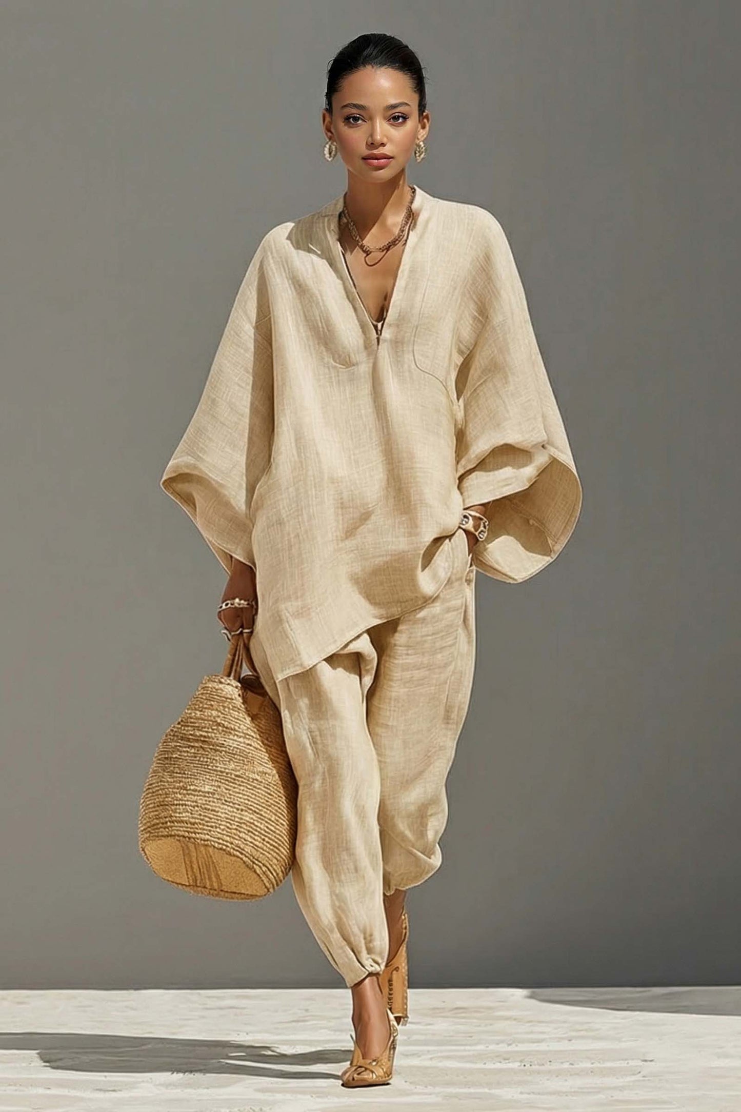 Vertical Collar Loose Shirt And Pants Set Apricot