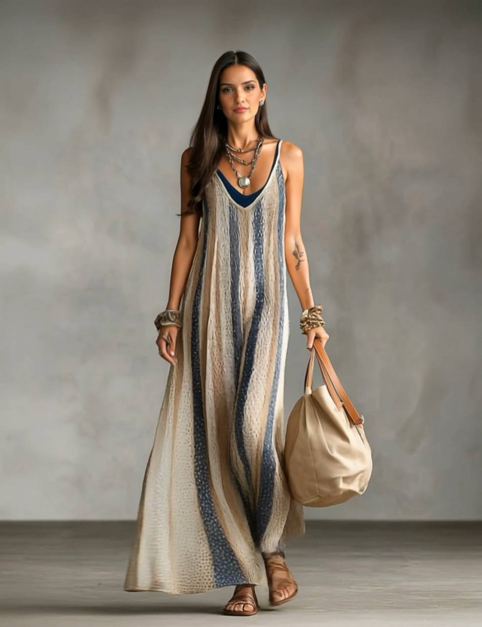 Knit Striped Slip Maxi Dress Striped