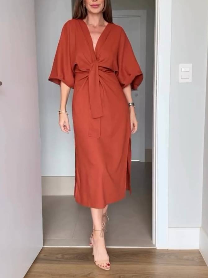 Bat Sleeve Lace-Up Dress Orange Brown