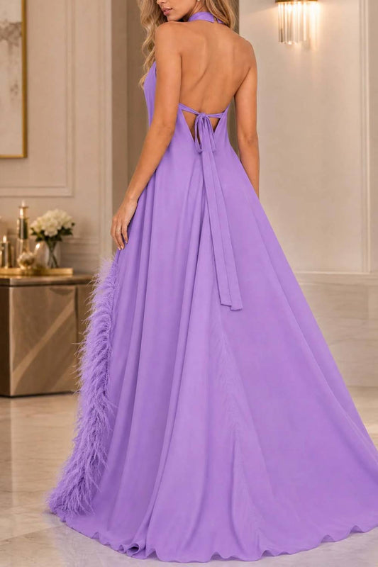 Halter-neck Feather-trimmed High-slit Long Evening Gown