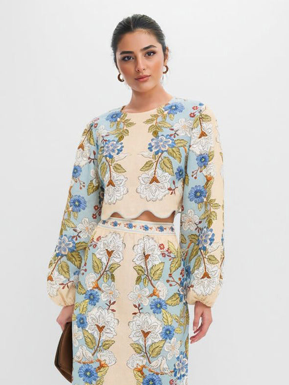 Retro Floral Embroidered Long-Sleeve Crop Top Multi Top