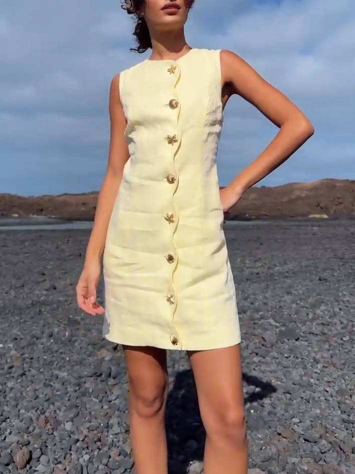 Starfish And Shell Button Mini Dress Yellow